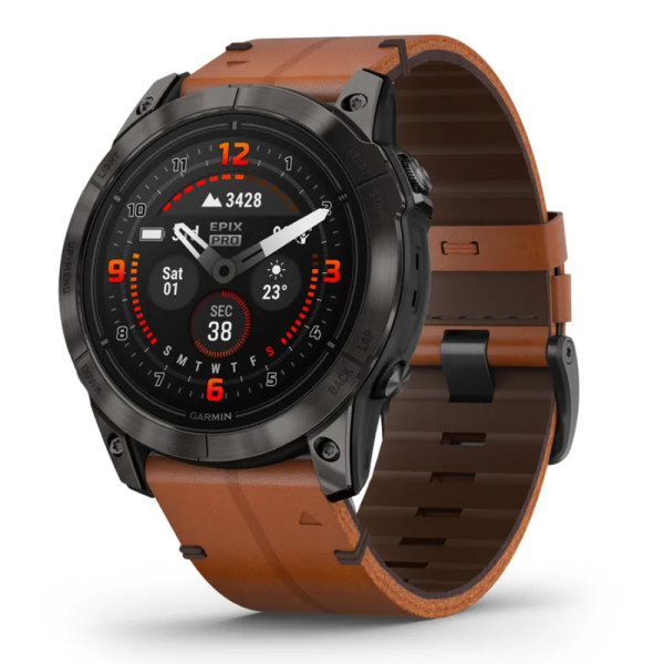 Часы Garmin EPIX PRO Gen 2 Sapphire Edition 51 мм, титановый угольно-серый, DLC, коричневый кожаный ремешок 010-02804-30